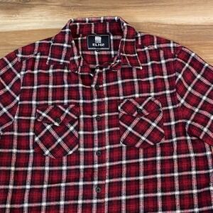 ELXZ Heavy Flannel Shirt Mens Large Plaid Button Up Long Sleeve Red Black White